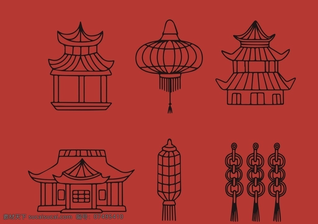 矢量 灯笼 木质建筑 铜钱 中国传统素材 标志图标 其他图标
