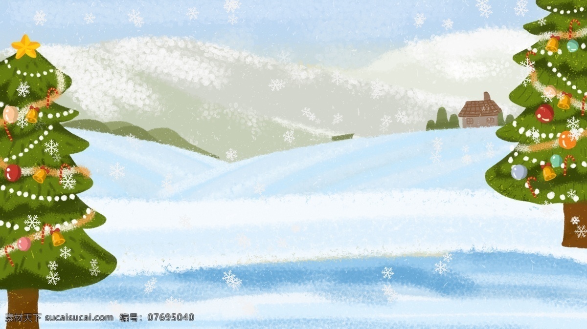 手绘 雪地 圣诞树 雪花 背景 圣诞背景 圣诞老人 背景素材 圣诞节背景 平安夜背景 平安夜 节日背景 广告背景
