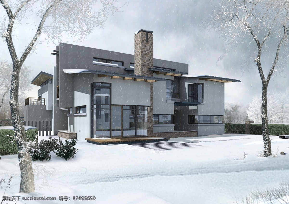 别墅雪景景观 雪地 树木 草地 雪花 房屋 建筑物 白黑色天空 环境设计 景观设计 灰色