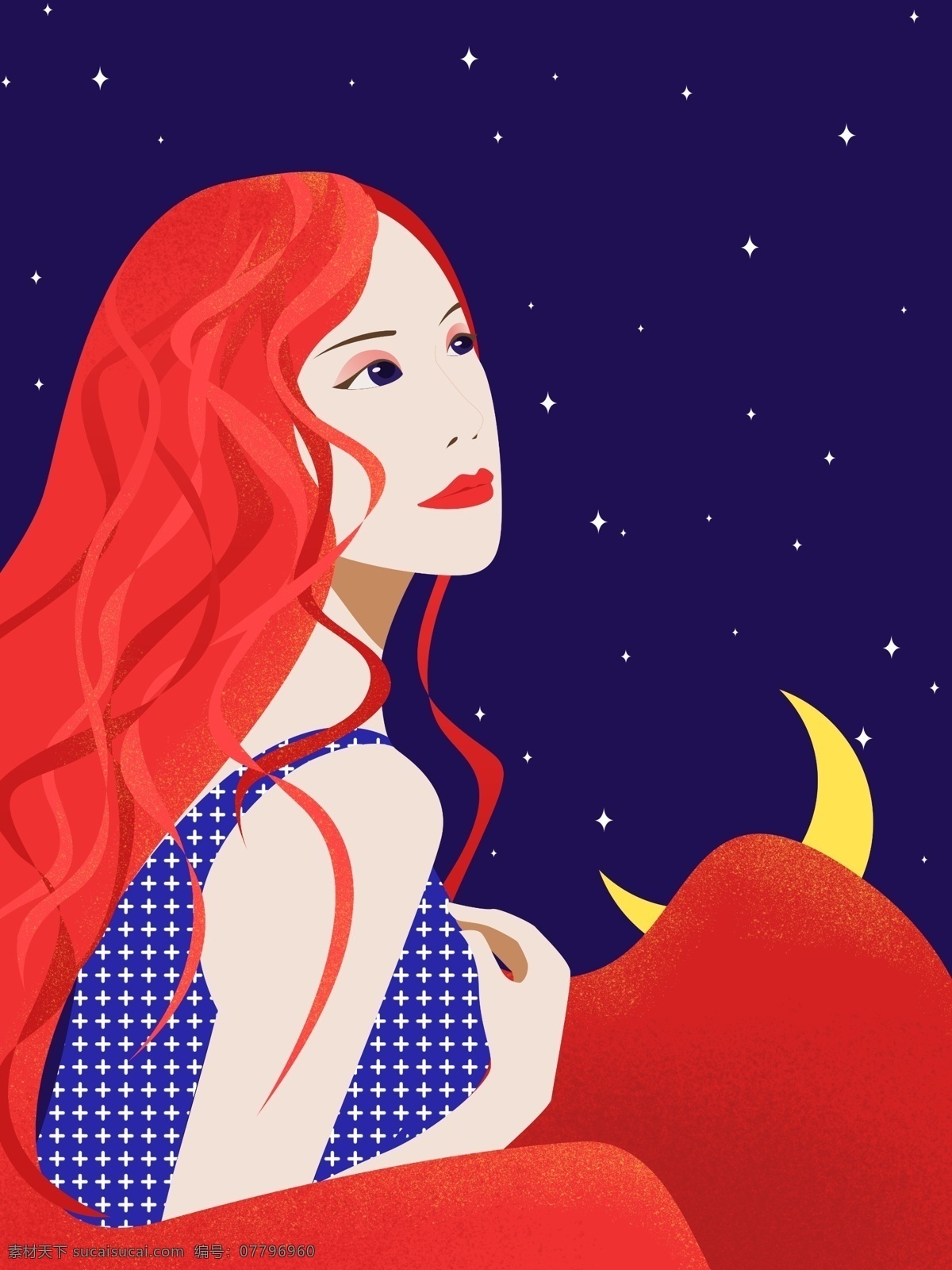 时尚 女孩 卡通 海报 背景 图 月亮 星空 蓝色 背景图 红发女孩 女神 女人 通用背景 广告背景 精美背景 彩绘 手绘背景图 背景模板 精美 手绘图
