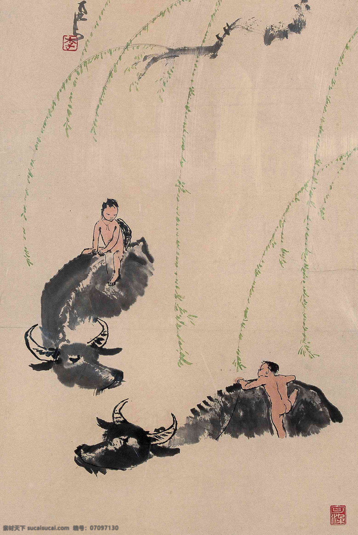 国画 李可染 河塘柳牛 童趣 牧牛 牧童 牧童放牛 牛 水牛 柳树 水墨 水墨画 中国画 绘画书法 文化艺术