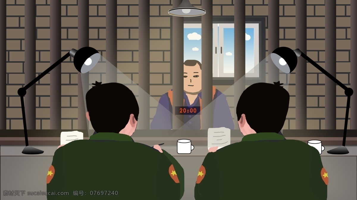 警察 晚上 提审 犯人 插画 灯光 台灯 扁平化 夜晚 囚禁 工作 窗外 扫黑除恶