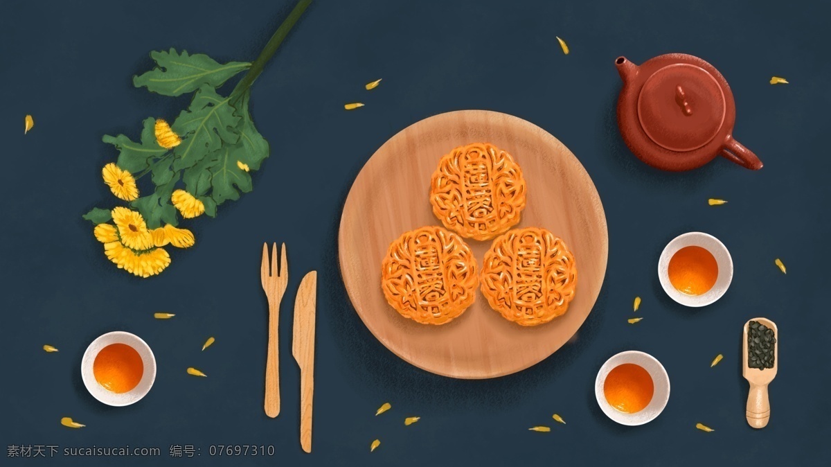 唯美 中秋 原创 插画 中秋节 月饼 香 茶 茶壶 茶叶 花瓣 花 刀叉