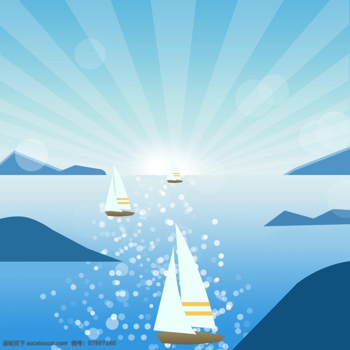 蓝色 海洋 卡通 浪漫 背景 商务 插画 创意 促销 海边 扁平化 夏季 夏天 夏日 小清新 帆船