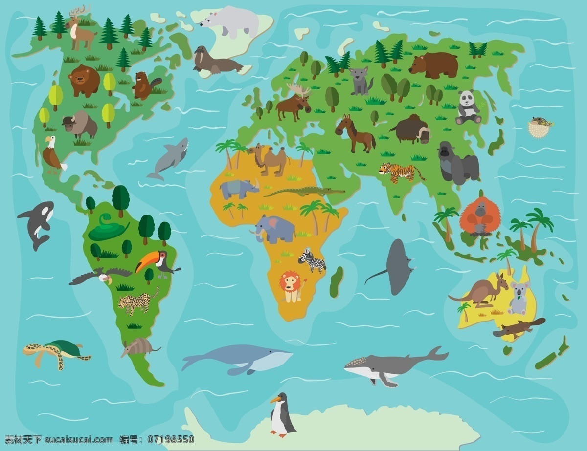 各种 陆地 海洋 野生动物 世界地图