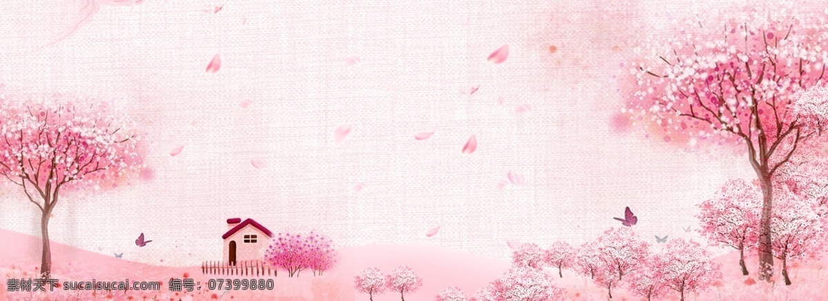 唯美 浪漫 樱花 季 背景 樱花节 樱花林 粉色 清新 手绘 风景 扁平