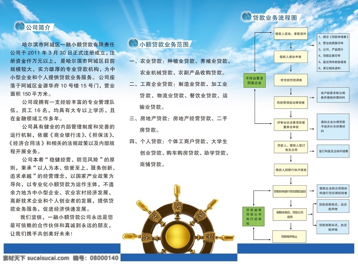 dm广告 舵 公司简介折页 广告设计模板 画册设计 蓝天背景 三折页 源文件 小额贷款公司 贷款 业务 流程图 其他画册封面