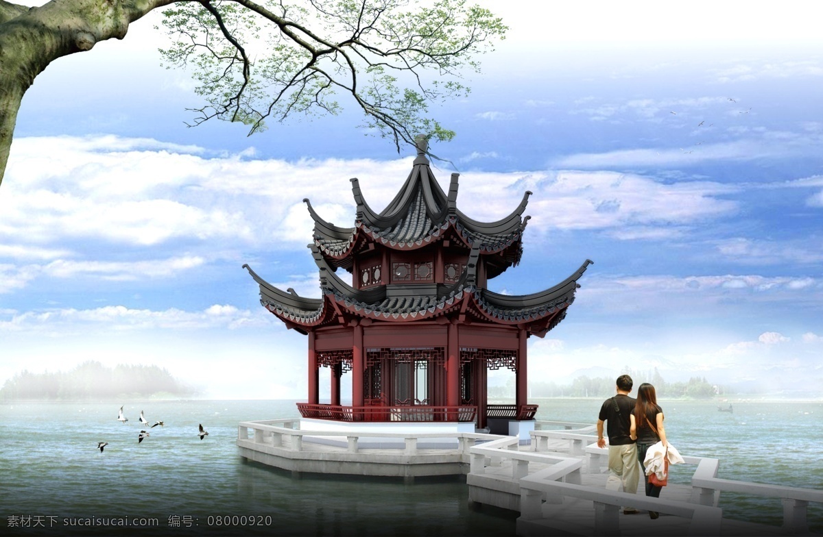 八角亭 古建 亭子 太湖 景观 旅游 河 分层 源文件