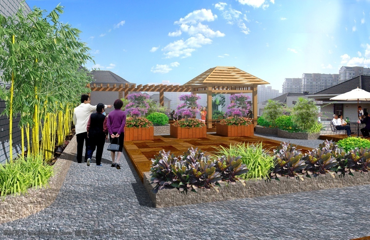 休闲 茶吧 效果图 人物 马路 手提包 凉亭 竹子 鲜花 草地 树木 房屋 建筑物 蓝天 白云 环境设计 景观设计