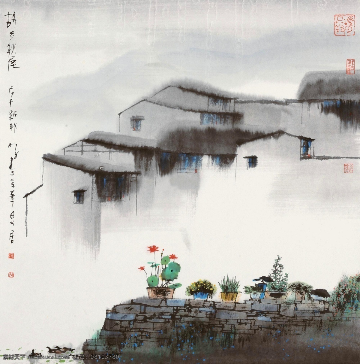 中式 山水 风景画 山水国画素材 当代江南水乡 淡彩 清新典雅水墨 中国风装饰画 山水风景画 田园风景 乡村房屋 文化艺术 绘画书法