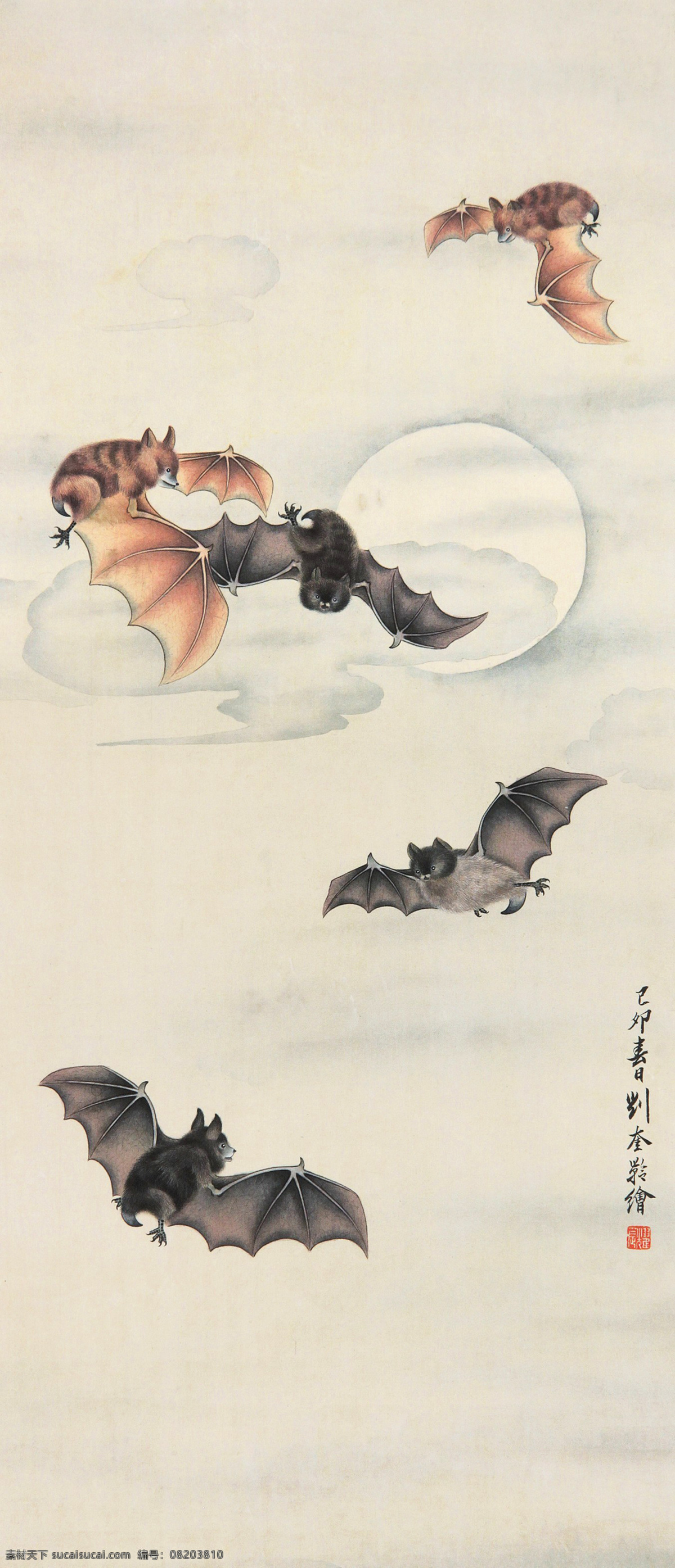 五福 国画 刘奎龄 蝙蝠 福 吉祥 祥瑞 月夜 动物 绘画书法 文化艺术 国画刘奎龄