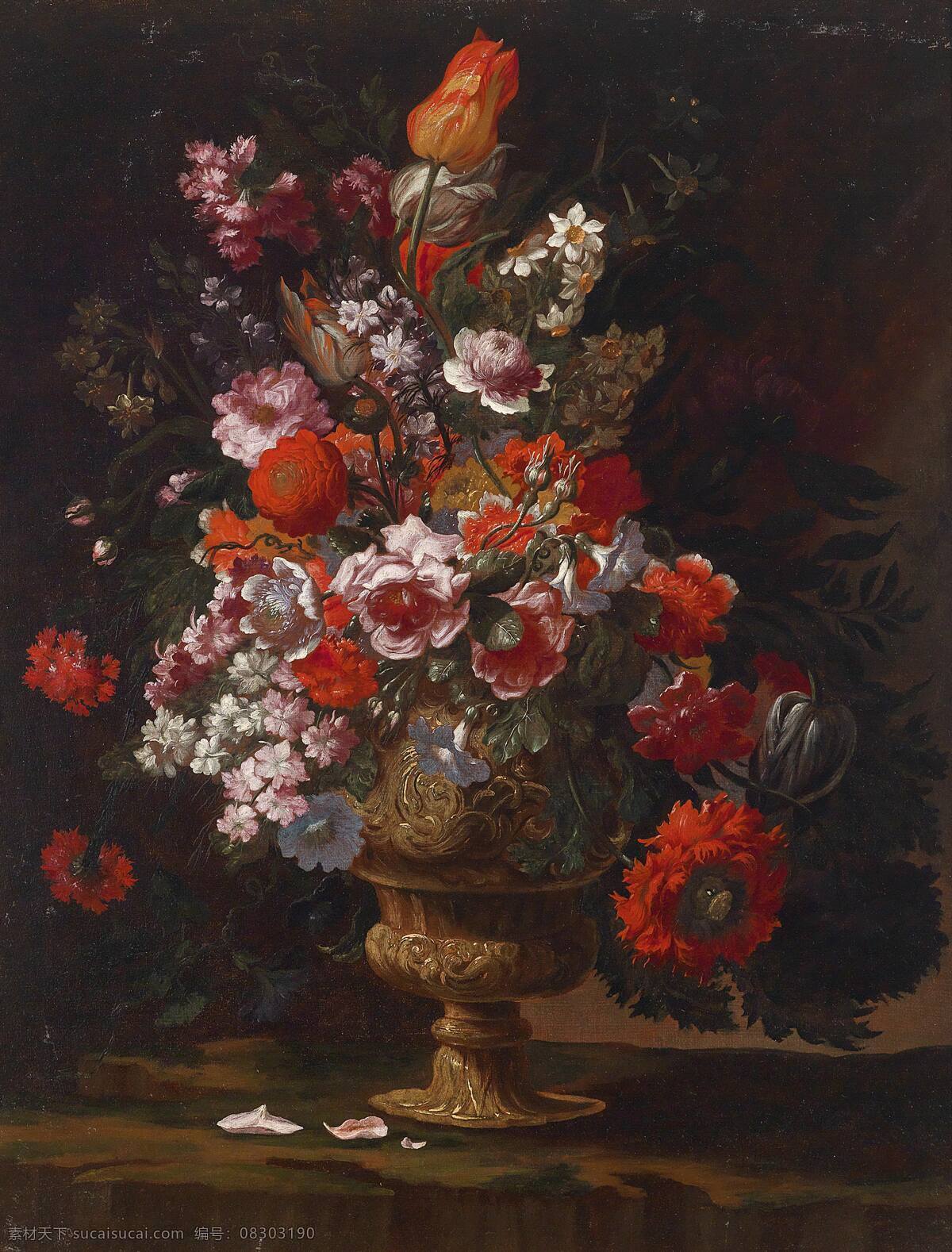 古典油画 绘画书法 文化艺术 油画 静物 鲜花 设计素材 模板下载 静物鲜花 混搭鲜花 永恒之美 散落的花瓣 铜制花瓶