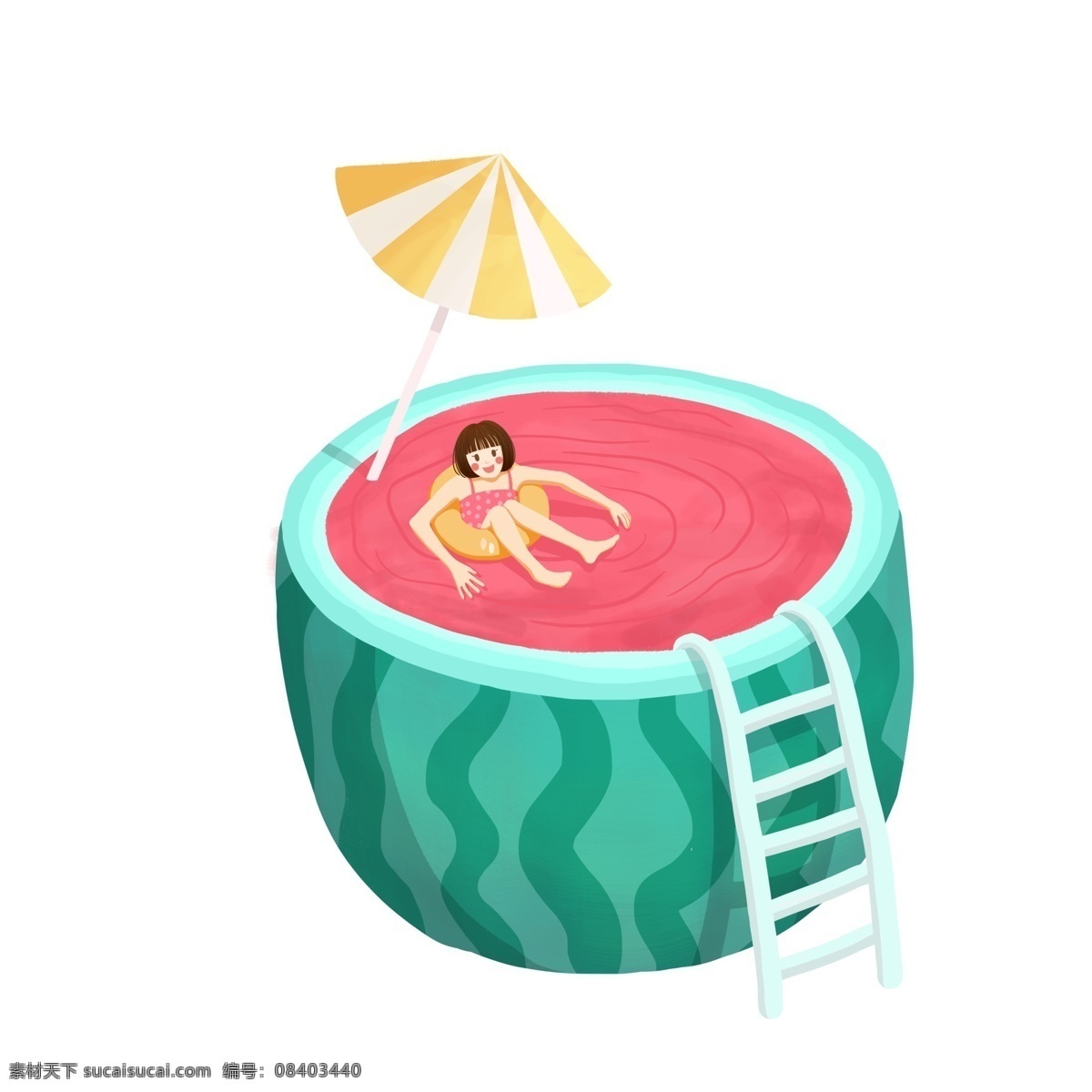 清新 创意 泡 西瓜 女孩 插画 手绘 夏日 梯子 雨伞 卡通设计