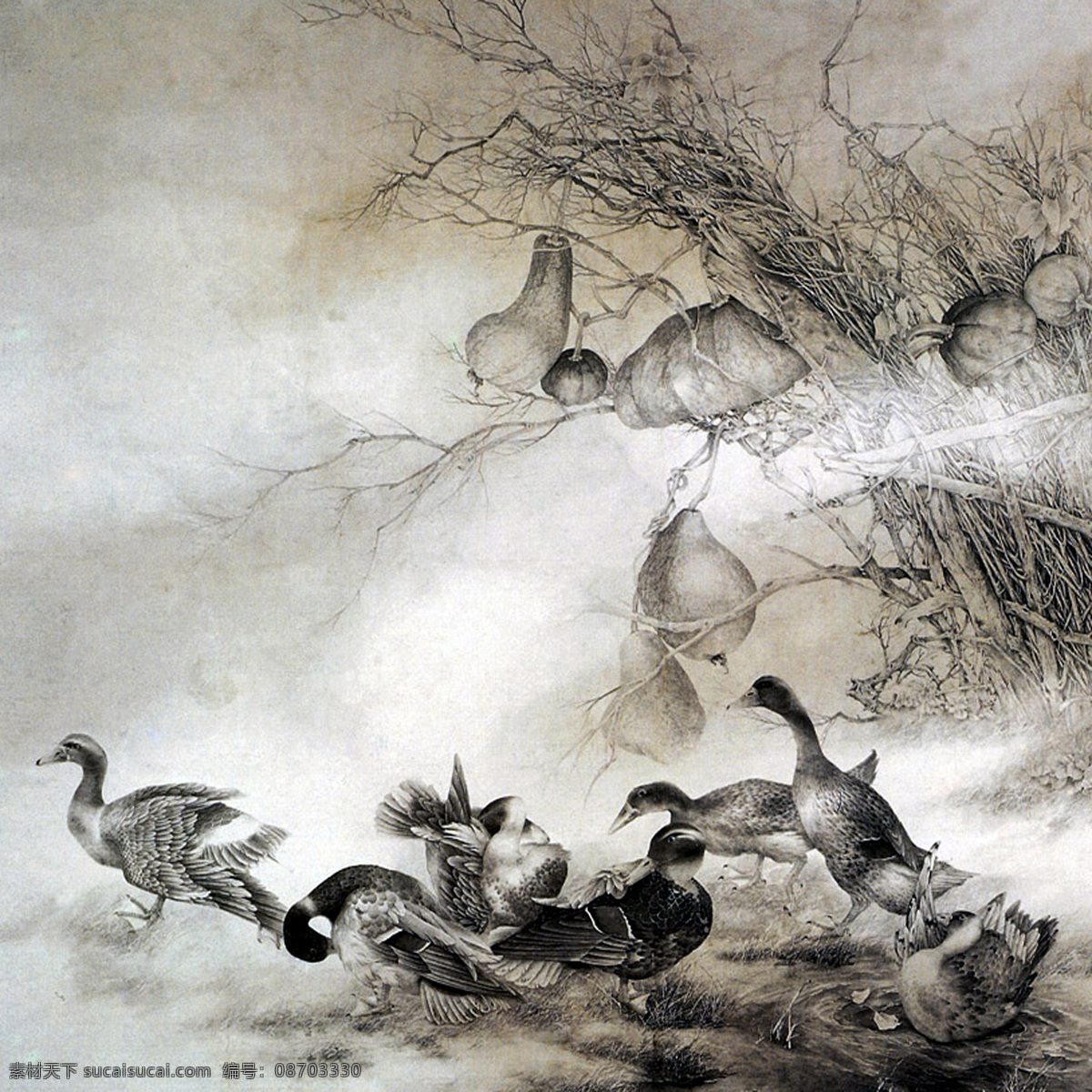 一群 鸭子 国画 一群鸭子 中国画 设计素材 动物画篇 中国画篇 书画美术 灰色