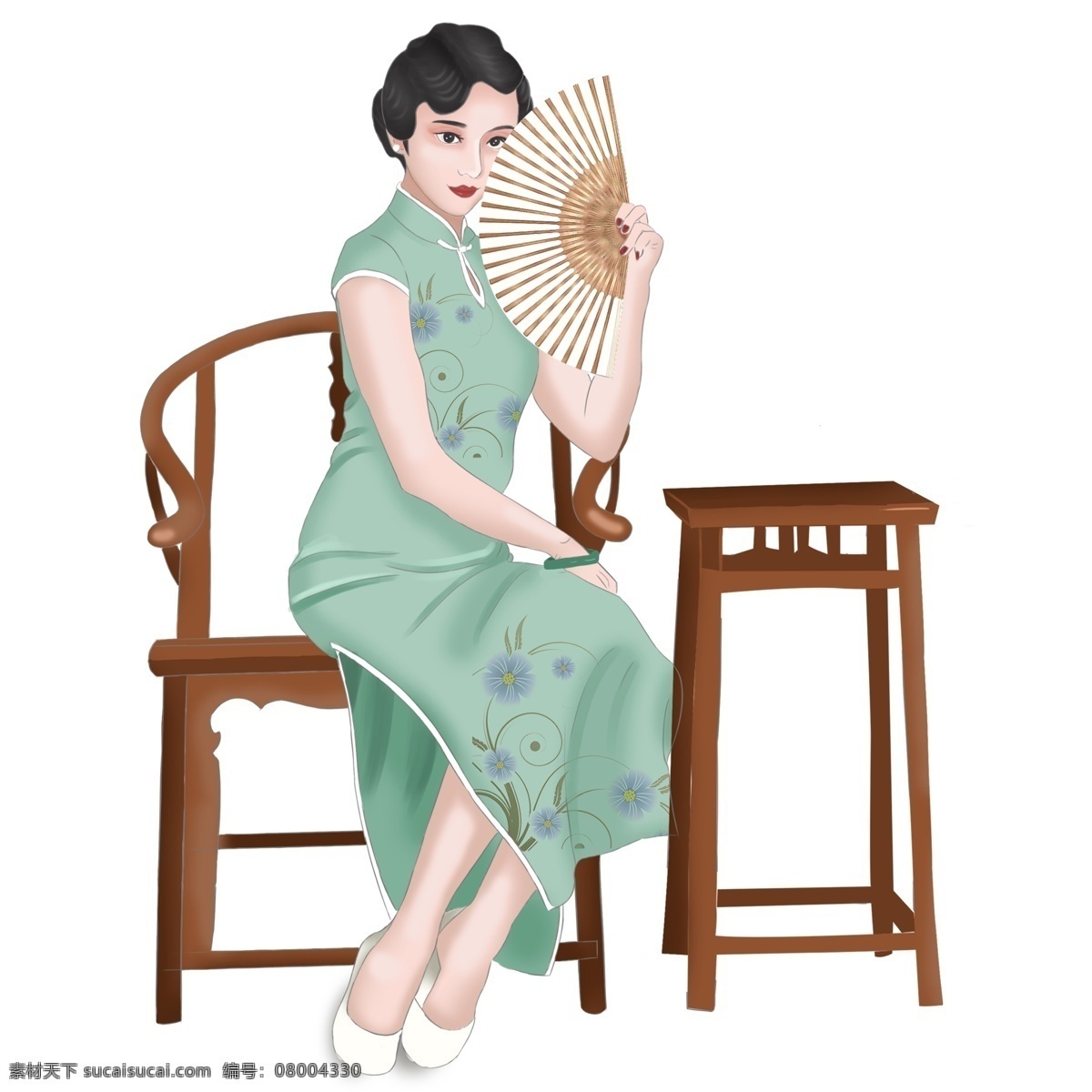 古典 美丽 少女 装饰 元素 装饰元素 手绘 木椅 桌子 扇子 旗袍