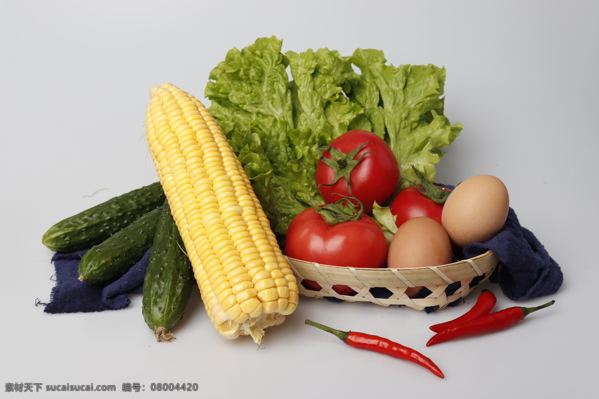 新鲜 蔬菜 菜篮子 白底 图 生菜 玉米 番茄 场景 绿色 食材 元素