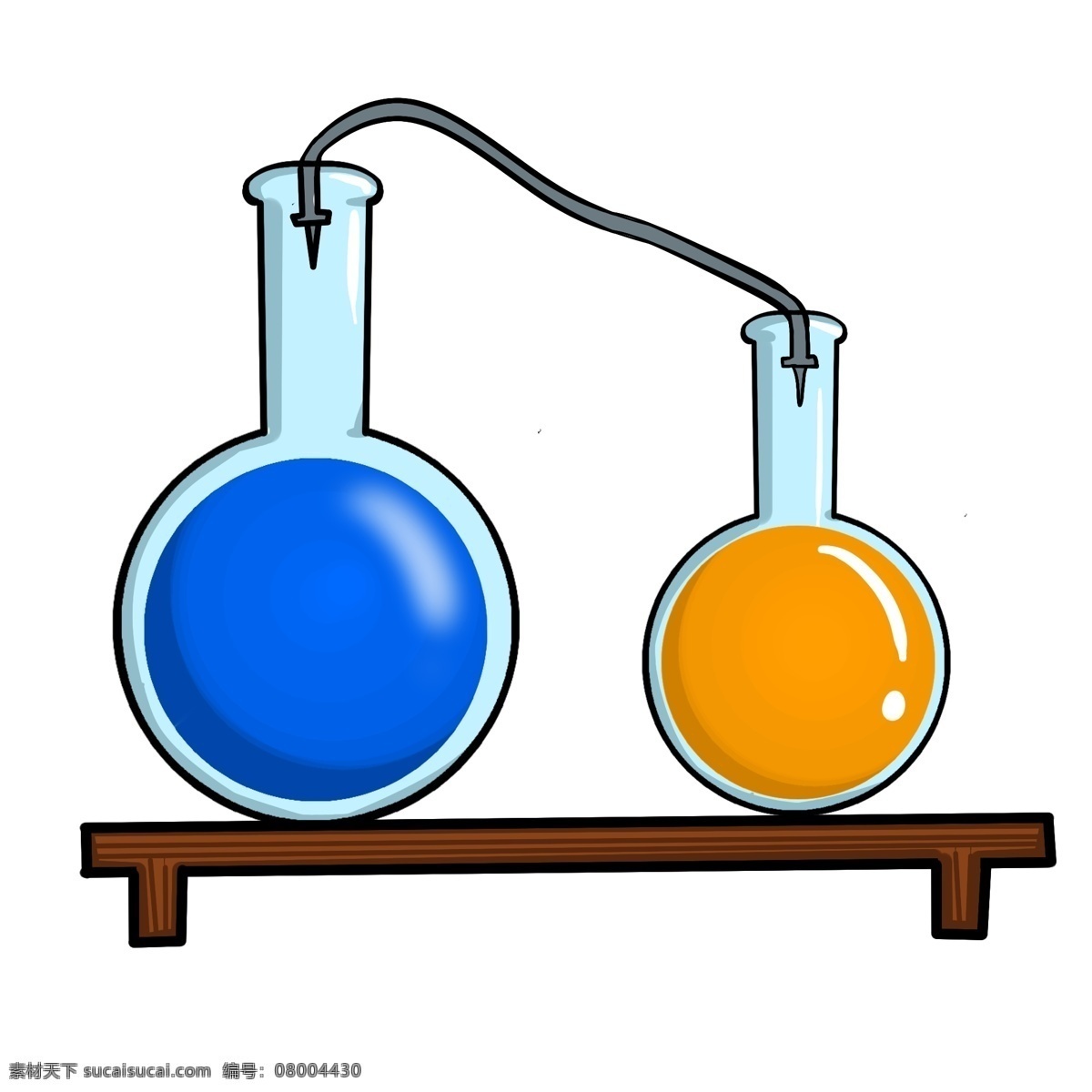 圆形 玻璃 器 容器 插图 两个容器 玻璃器容器 易碎品 棕色架子 立体容器 蓝色液体 黄色液体 图案插图