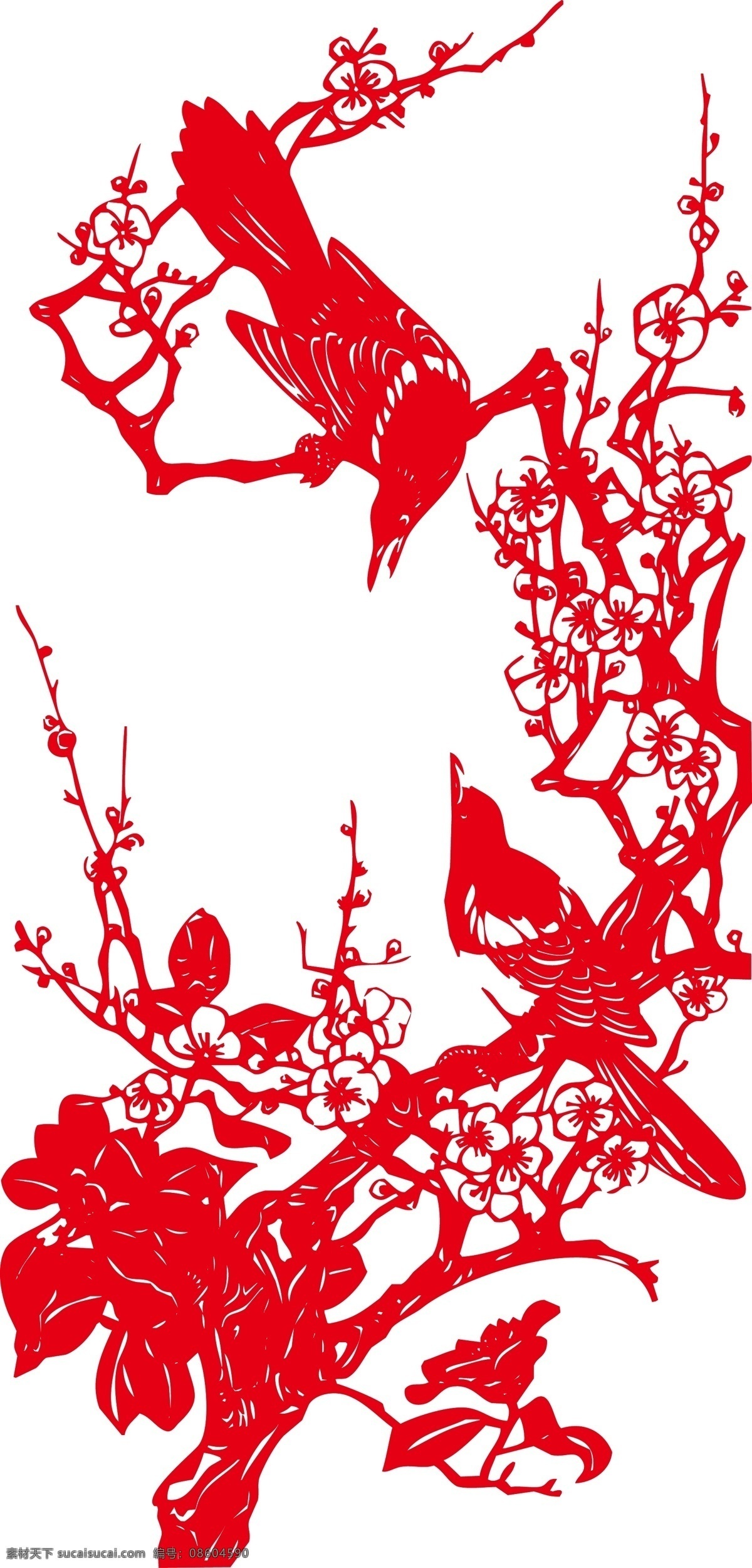手绘 水墨 花鸟 元素 红色 矢量 树枝