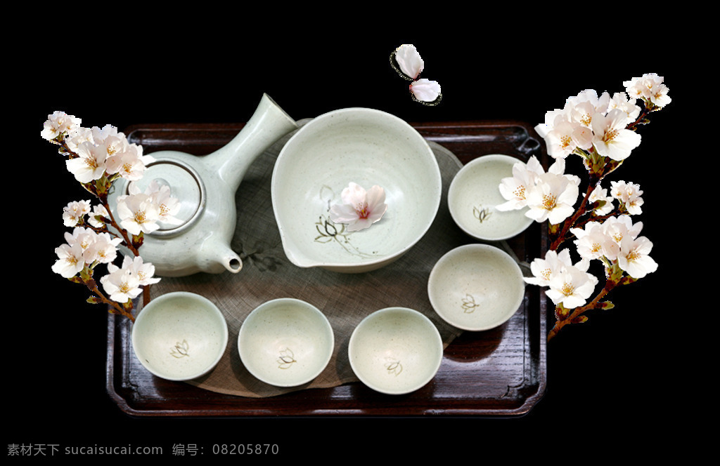 清新 白色 茶具 产品 实物 白色茶壶 产品实物 浅色茶具 浅色花朵 深色茶盘