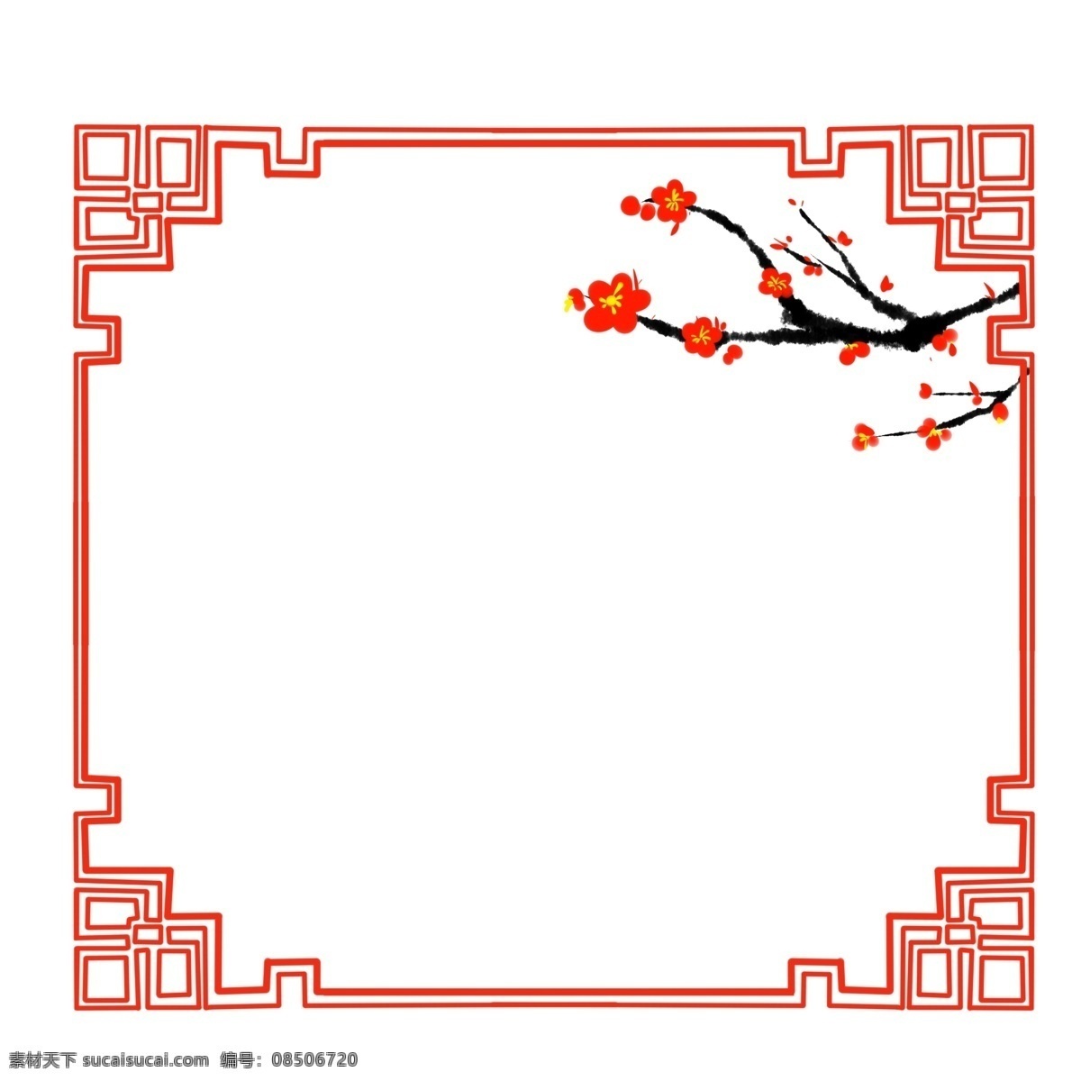 中国 风 红色 梅花 边框 手绘 中国风 红色边框 红色梅花装饰 梅花花枝边框 回 字形 古风 装饰