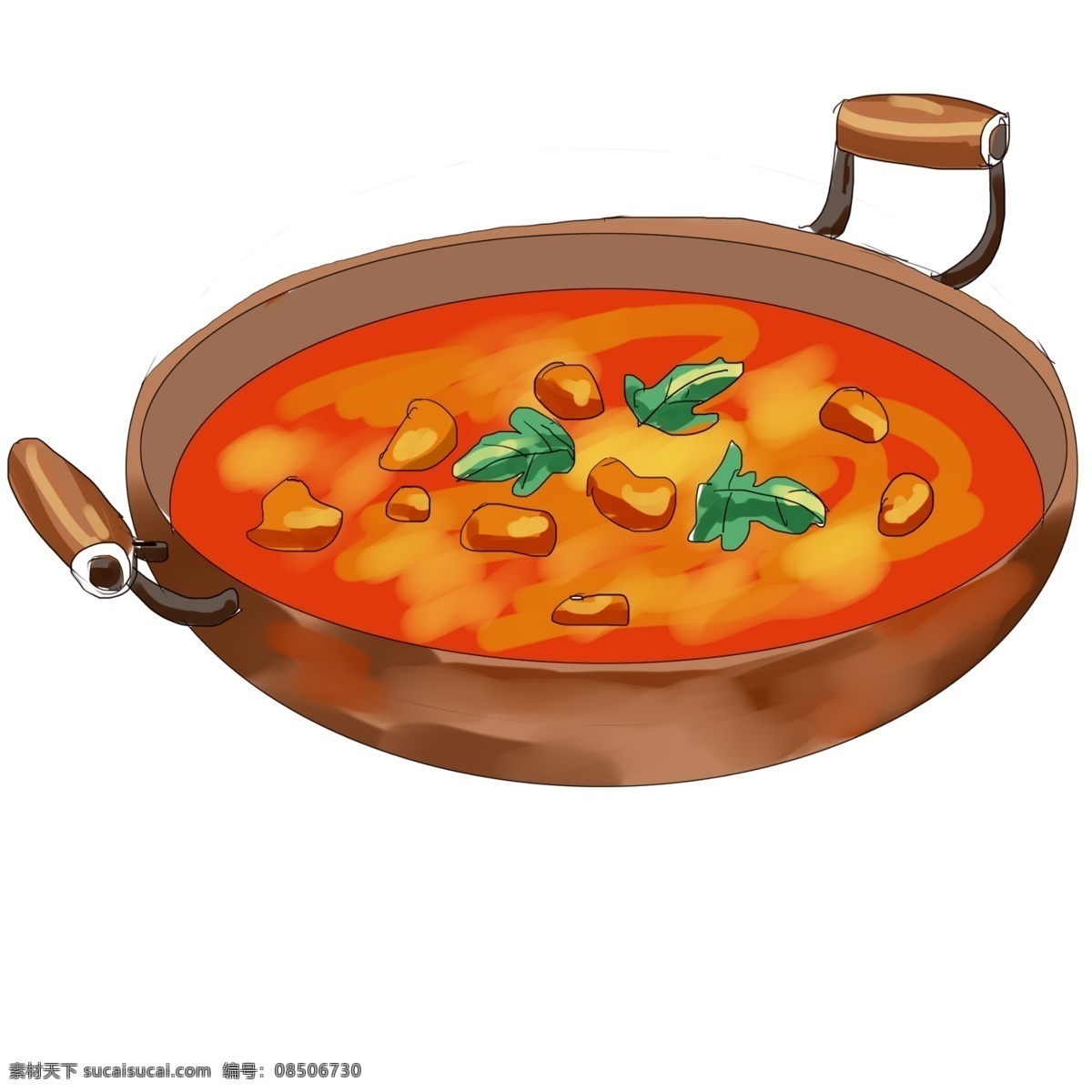 手绘 麻辣 火锅 插画 手绘火锅 麻辣火锅插画 香辣火锅 中国传统食物 中国美食 美味的火锅 红色的火锅汤 棕色的锅