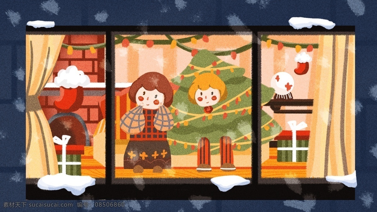 圣诞节 双胞胎 女孩 室内 看 雪景 圣诞 袜 壁炉 礼物 圣诞树 可爱 圣诞袜 治愈