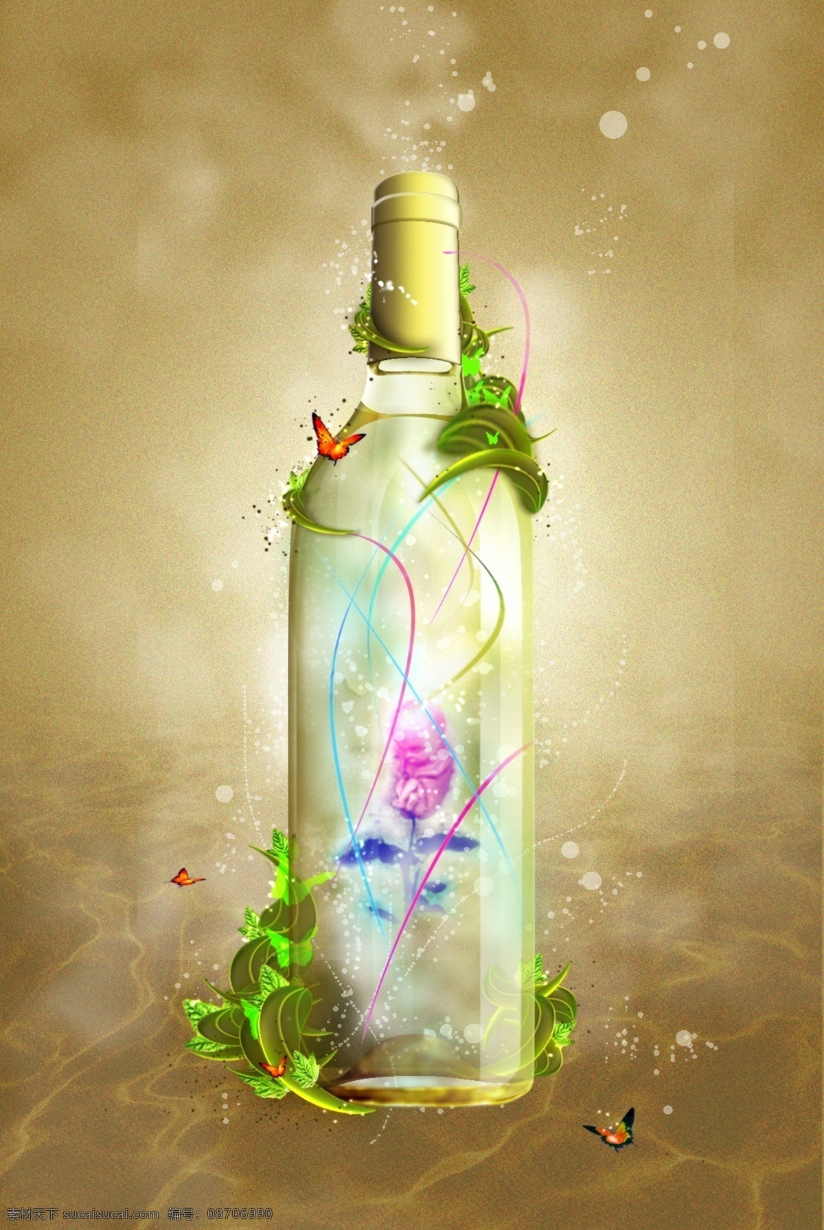 梦幻许愿瓶 梦幻 许愿瓶 唯美 蝴蝶 树藤 广告设计模板 源文件