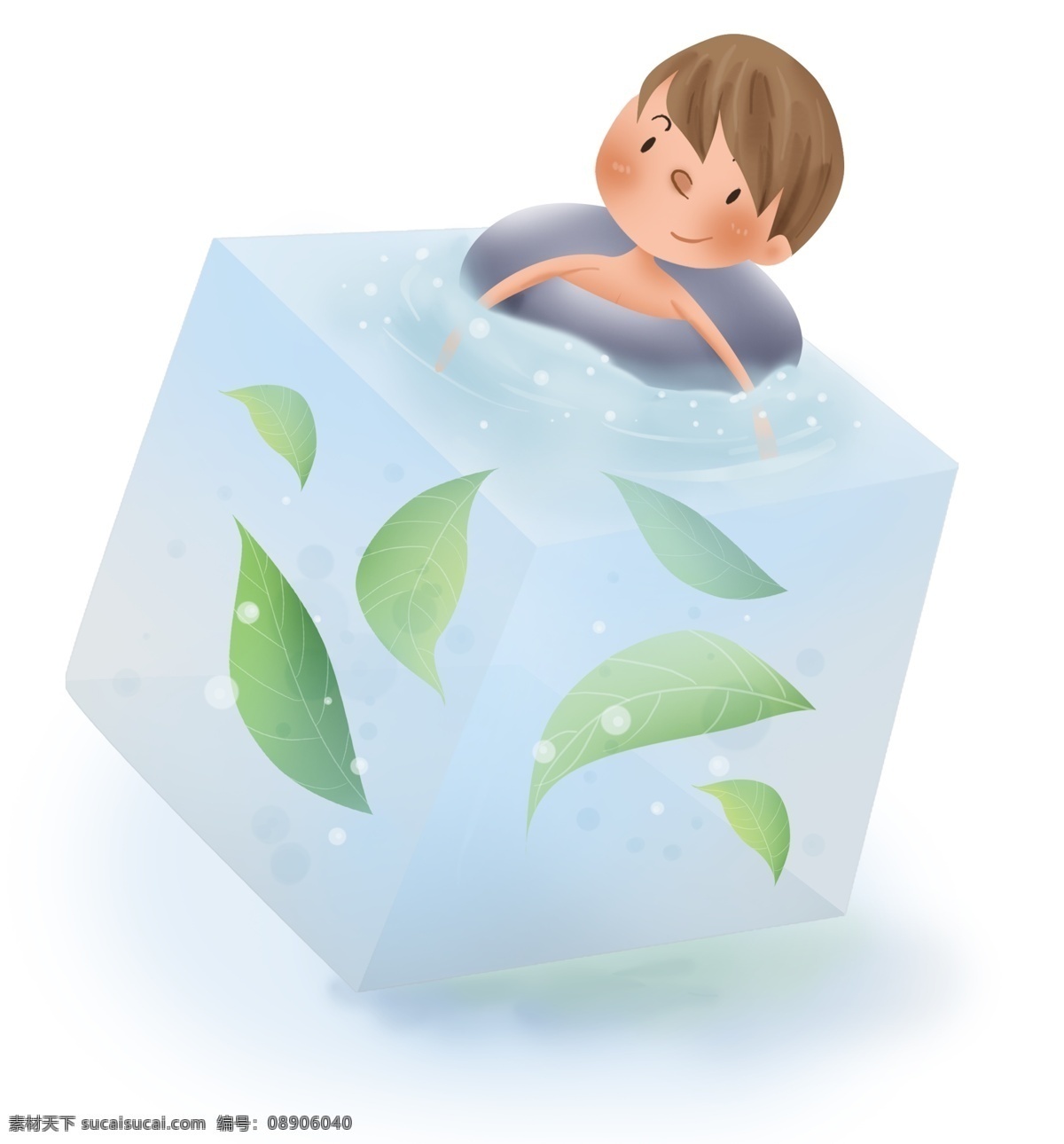 夏季 游泳 男孩 冰 水 水下 叶子 游泳圈 小暑 入夏 大暑 儿童 冰块 解暑 清凉 凉爽