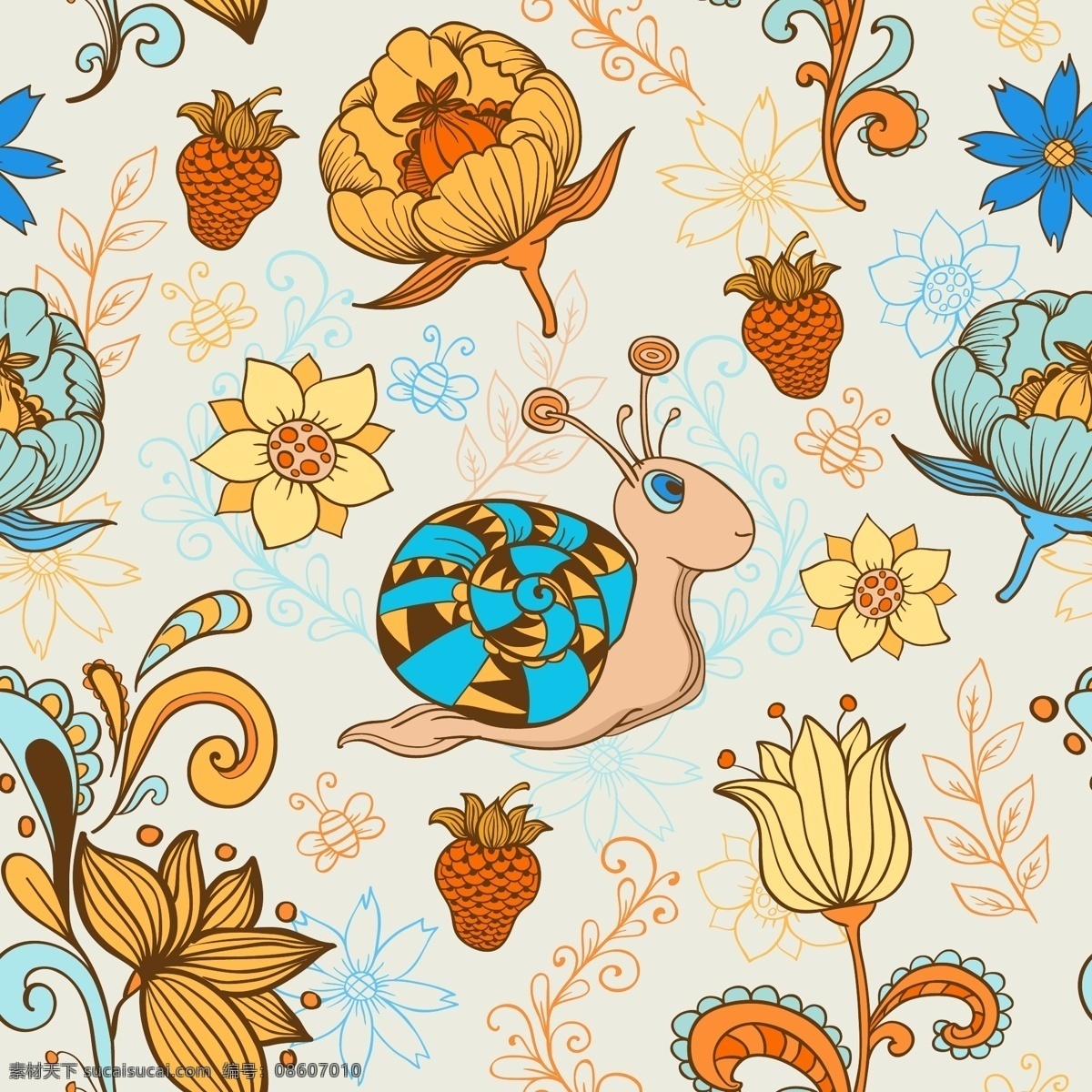 夏季 昆虫 花卉 图案 花卉图案 昆虫图案 蜗牛 夏季图案素材 植物