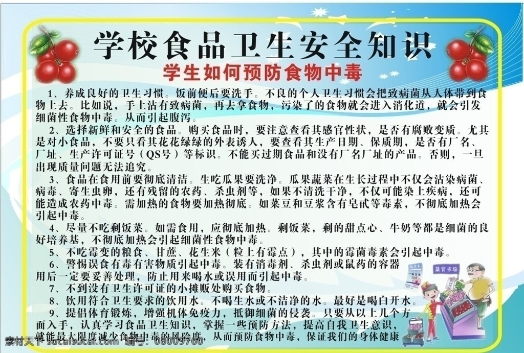 食品卫生 安全 知识 学校 安全知识 学生 如何 预防 食物中毒 果实 预防食物中毒 学校展板 水果 购物 各款展板 展板模板 矢量
