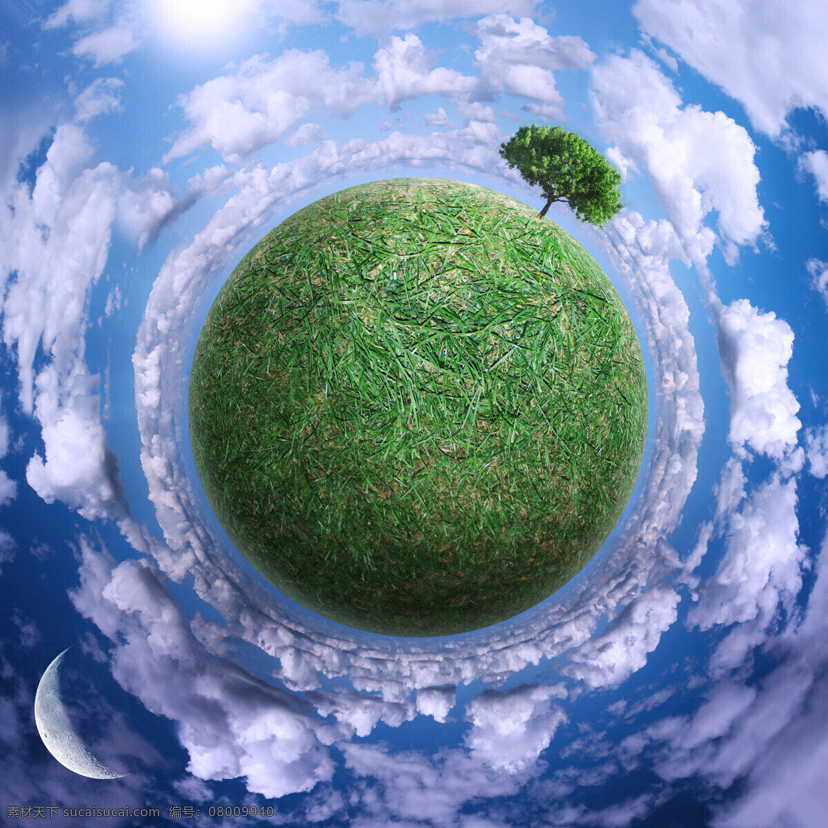 创意 绿色 草地 白云 树木 天空 背景图片