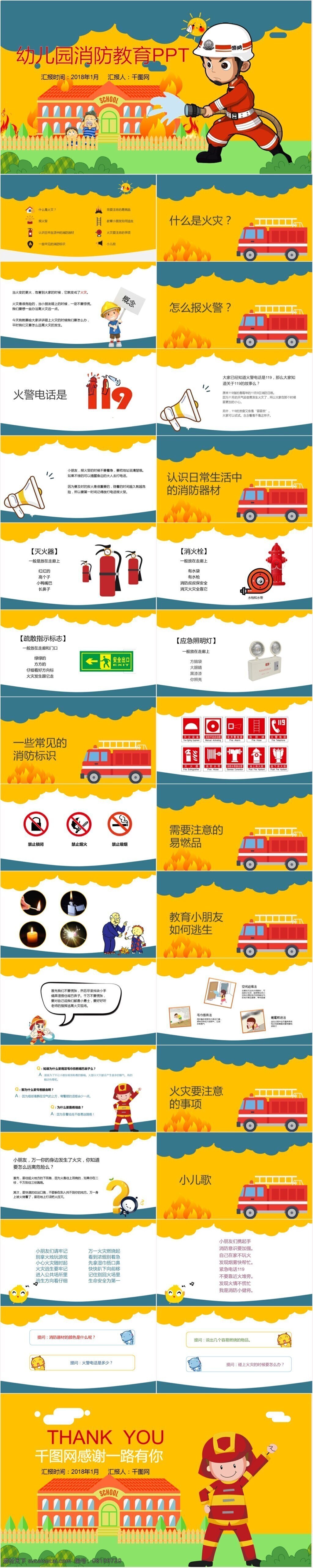 简约 幼儿园 消防 教育 模板 ppt模板 大气 课件 培训课件 小清新