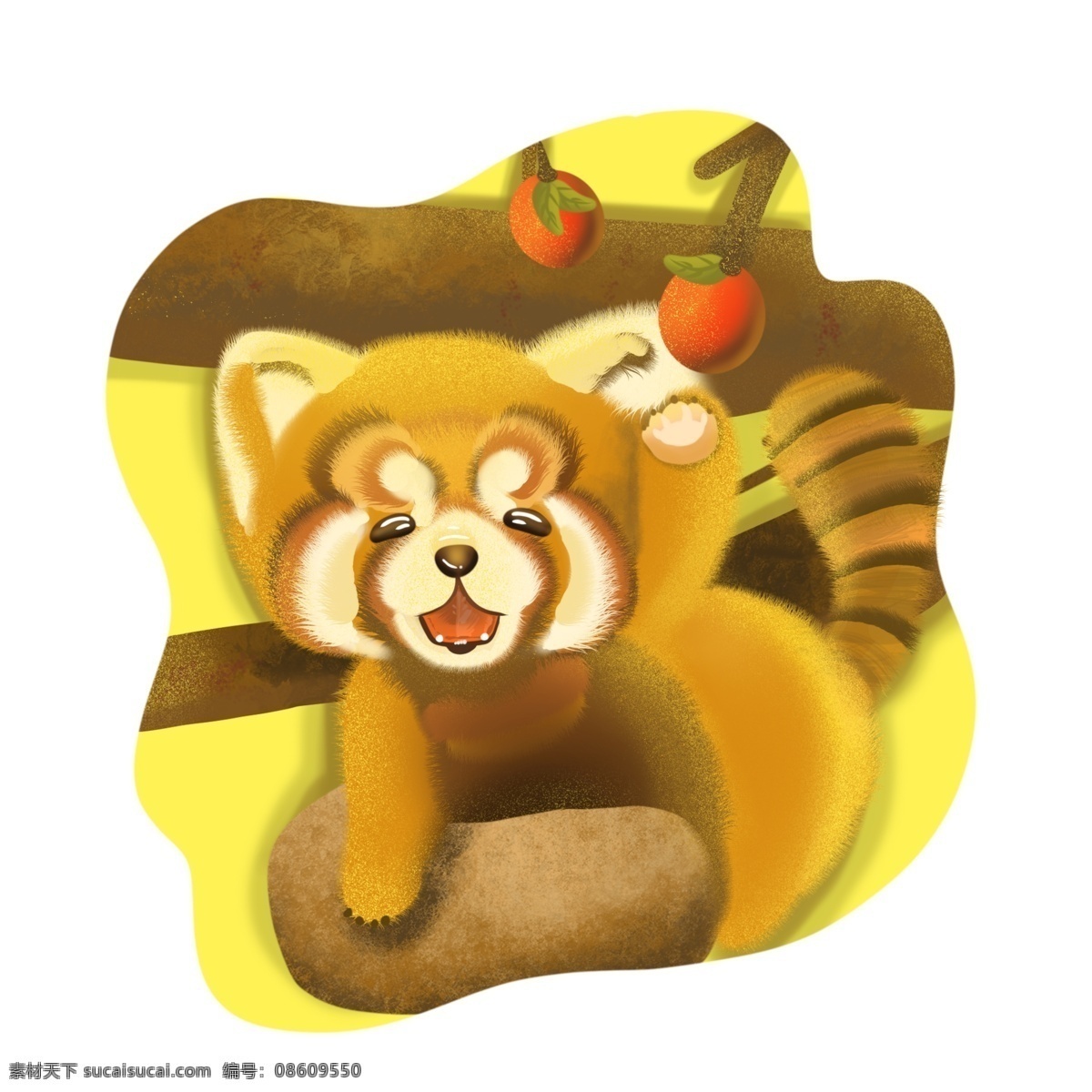 黄色 可爱 珍稀 动物 小熊猫 野果 卡通 形象 动物园 树枝 森林