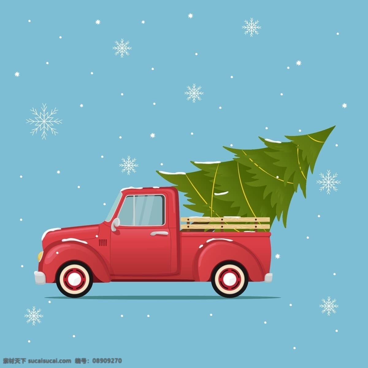圣诞节汽车 圣诞节元素 圣诞节素材 卡车 皮卡车 圣诞树 运输圣诞树 下雪 圣诞节背景 红色汽车 卡通汽车 手绘汽车 汽车插画 创意圣诞树 交通工具 现代科技