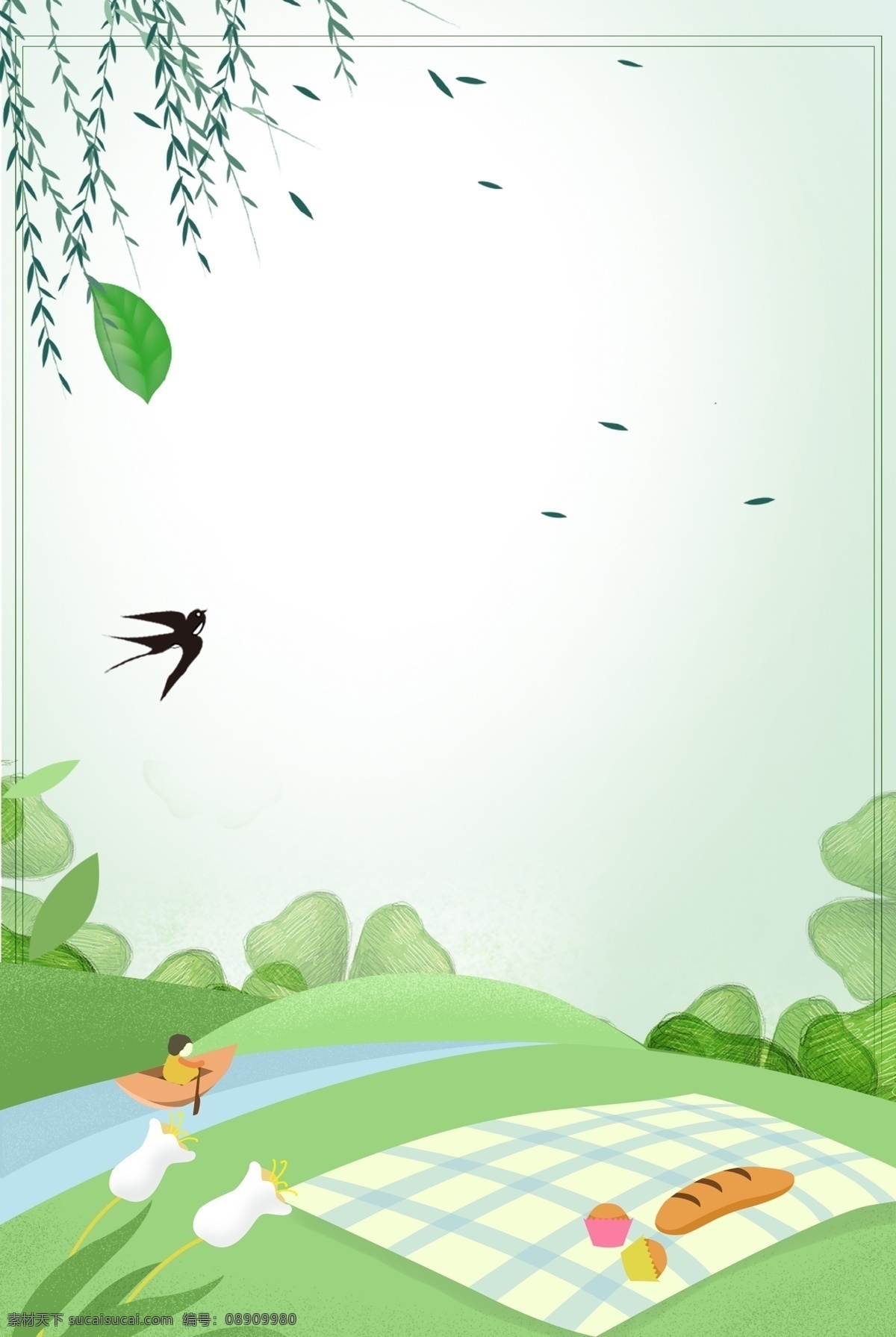 立春 创意 背景 合成 海报 燕子 绿色 踏青 柳树 树木 山水 二十四节气 简约