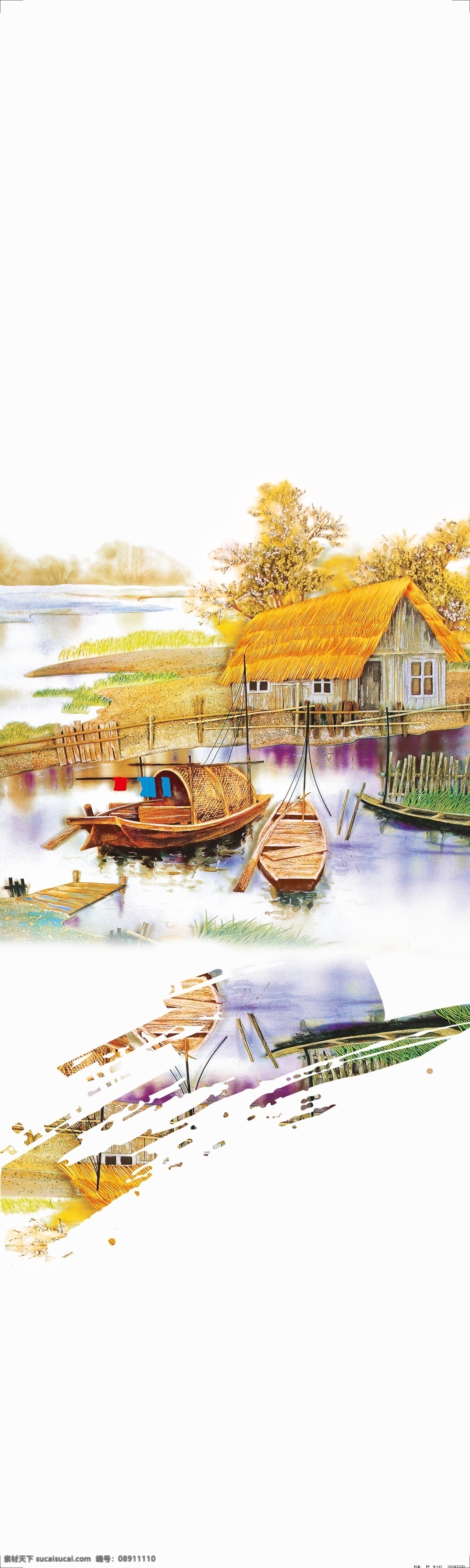 湖边人家 山 水 房子 草房 茅草房 船 树 油画 国画 移门 平开门 移门图案 广告设计模板 源文件