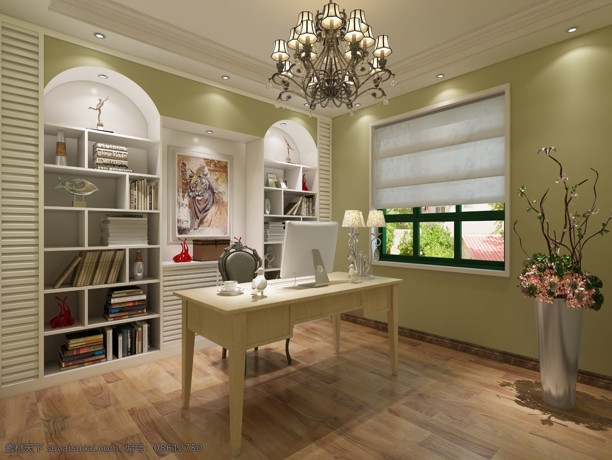 小 清新 书房 实木地板 效果图 3d 渲染 3d模型 家装模型 实木复合地板 书桌椅 书柜 吊灯 窗户 电脑
