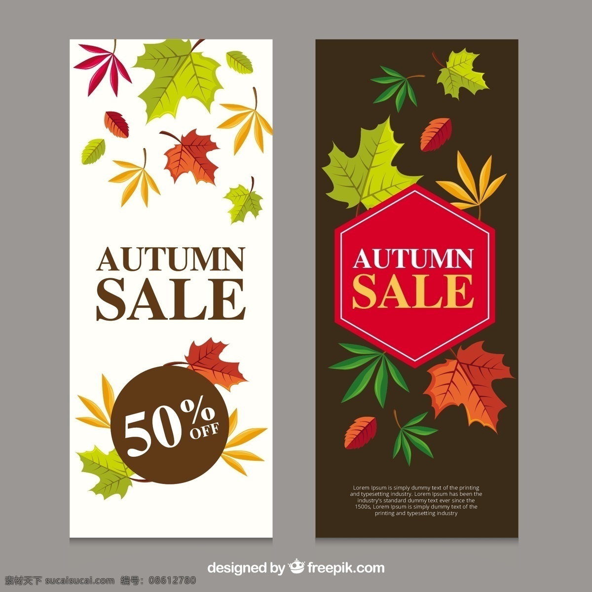 两个 提供 秋季 横幅 销售 模板 树叶 自然 购物 森林 秋天 促销 折扣 价格 商店 树木 颜色
