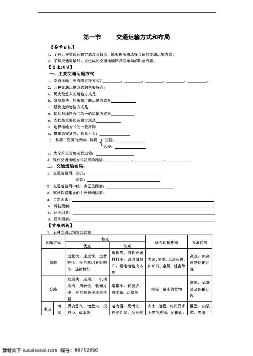 地理 人教 版 节 交通运输 方式 布局 人教版 必修2 学案
