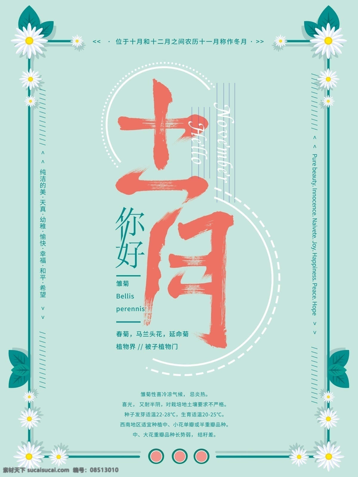 十一月 你好 清新 简约 海报 雏菊 叶子 蓝色 花