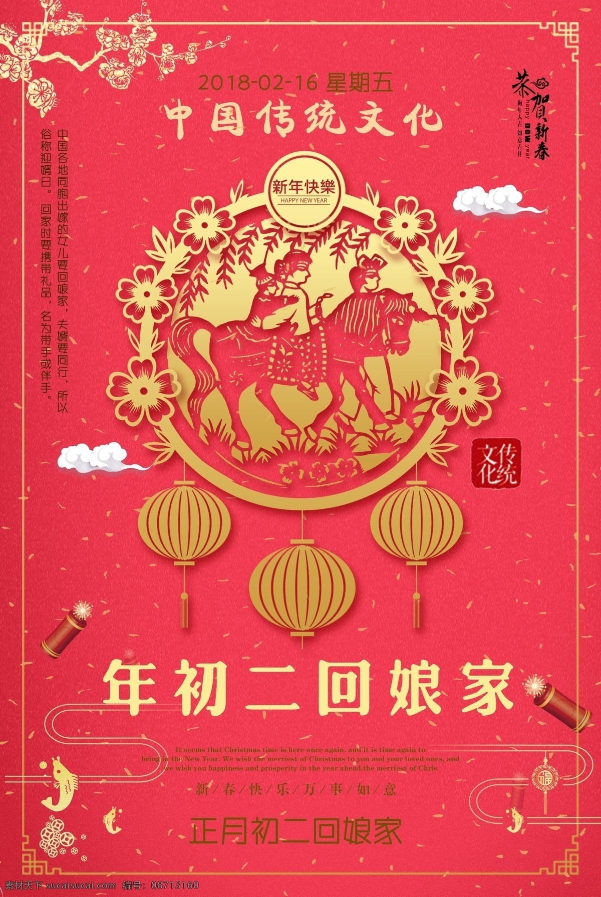 初二海报 大年 初二 回娘家 剪纸 矢量