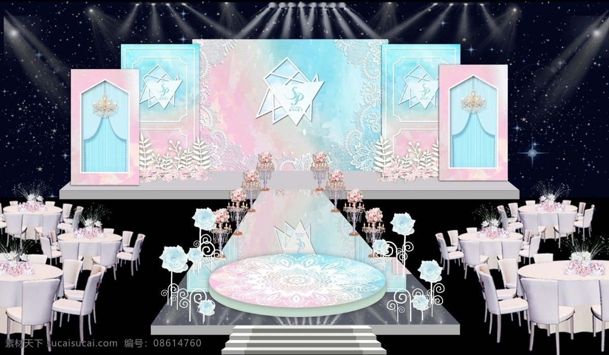 粉 蓝色 撞 色 小 清新 婚礼 舞台 浪漫 小清新 桌椅 阶梯 粉色 撞色 纸花 水彩 激光 镜面 pvc叶子 雪花片 圆台
