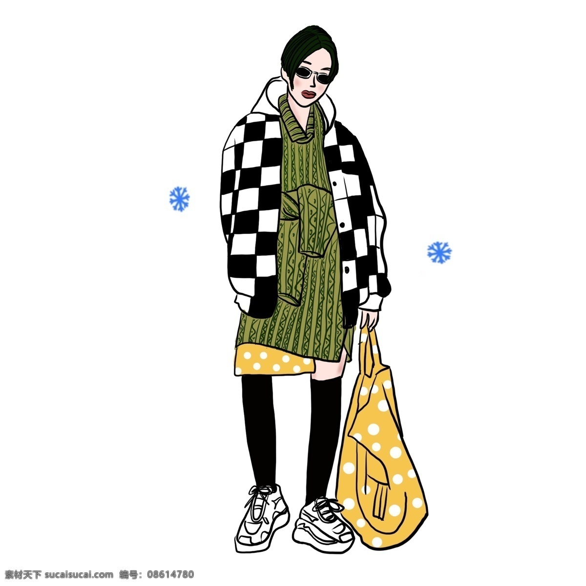 冬装 时尚 酷 女孩 搭配 指南 绿色 毛衣 手提包 墨镜 格格不入 格子上衣 牛仔包 蓝色头发 长筒袜子