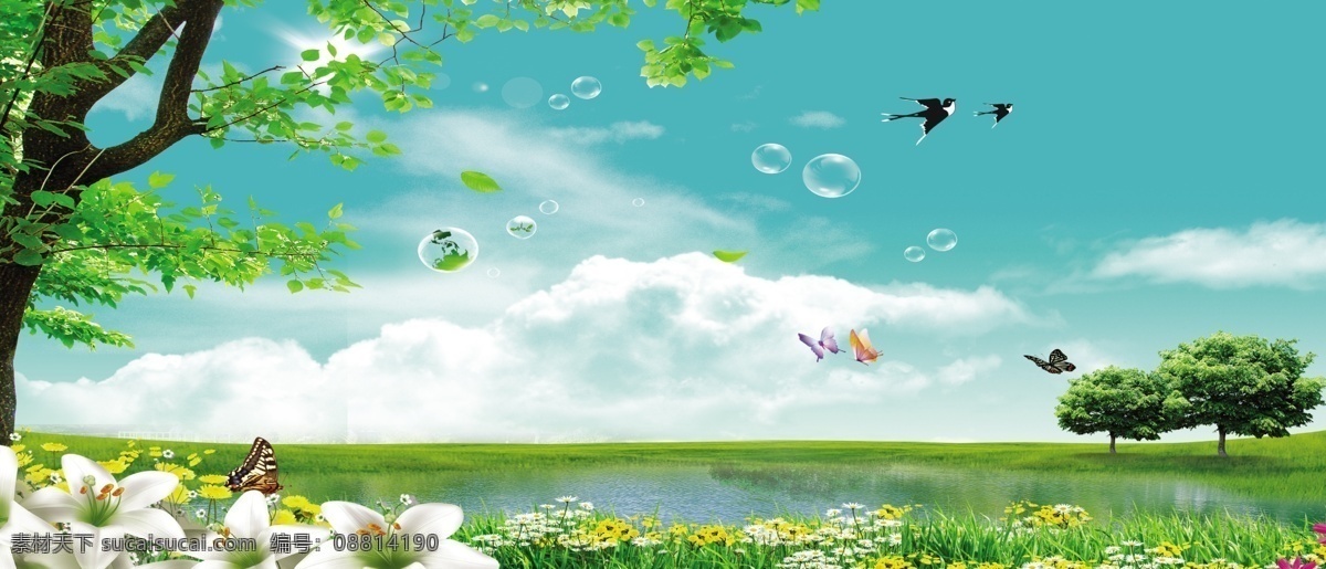 春天背景 淡绿色 白云 草地 沼泽 鲜花 燕子 蝴蝶 气泡 百合 展板模板 广告设计模板 源文件