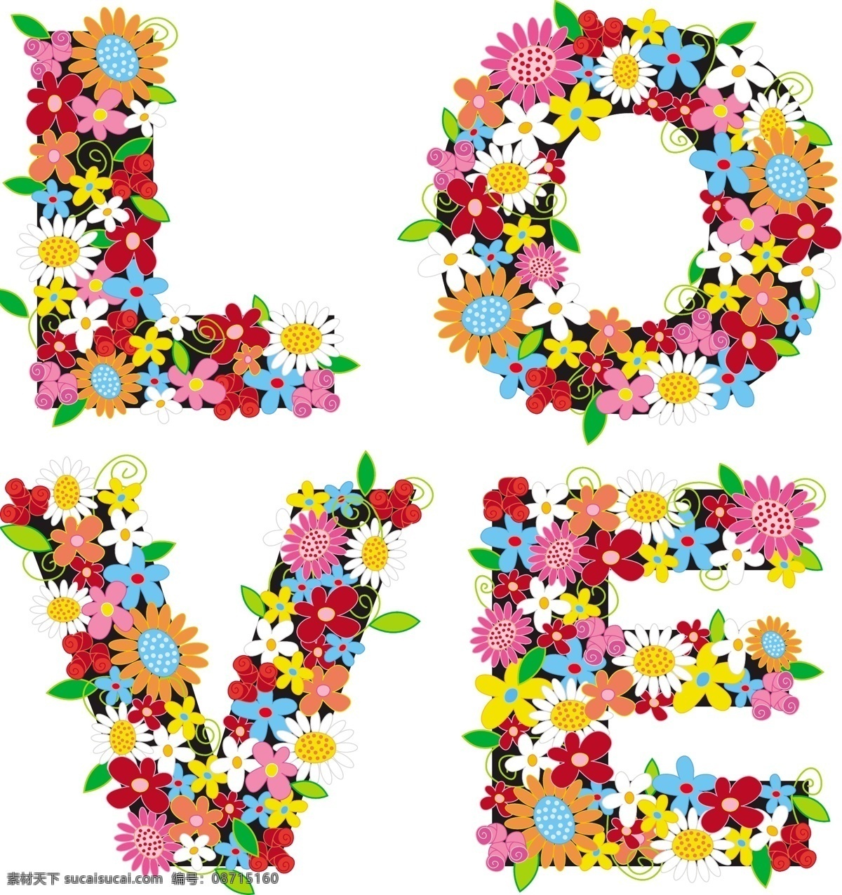 色彩斑斓 花卉 组成 love 矢量 字 创意 花卉创意摆设 矢量图 其他矢量图