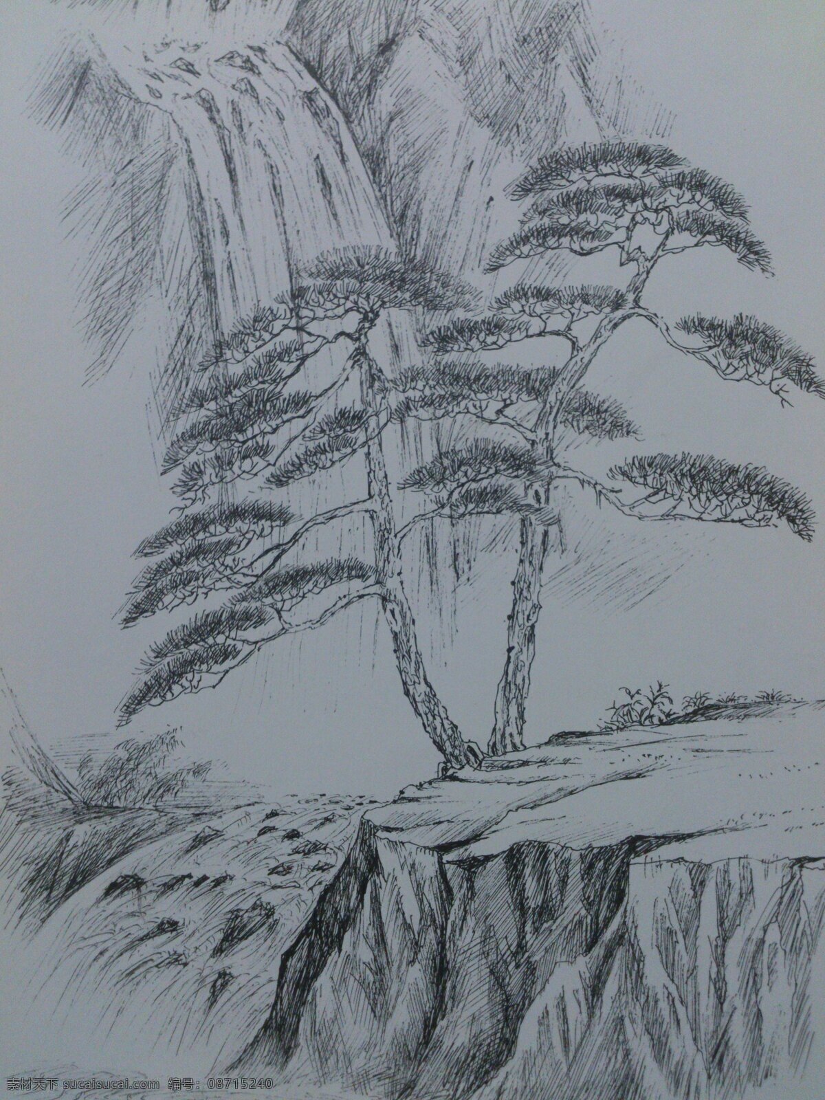长松飞瀑 瀑布 山水 松的画法 钢笔画 风景 文化艺术 绘画书法