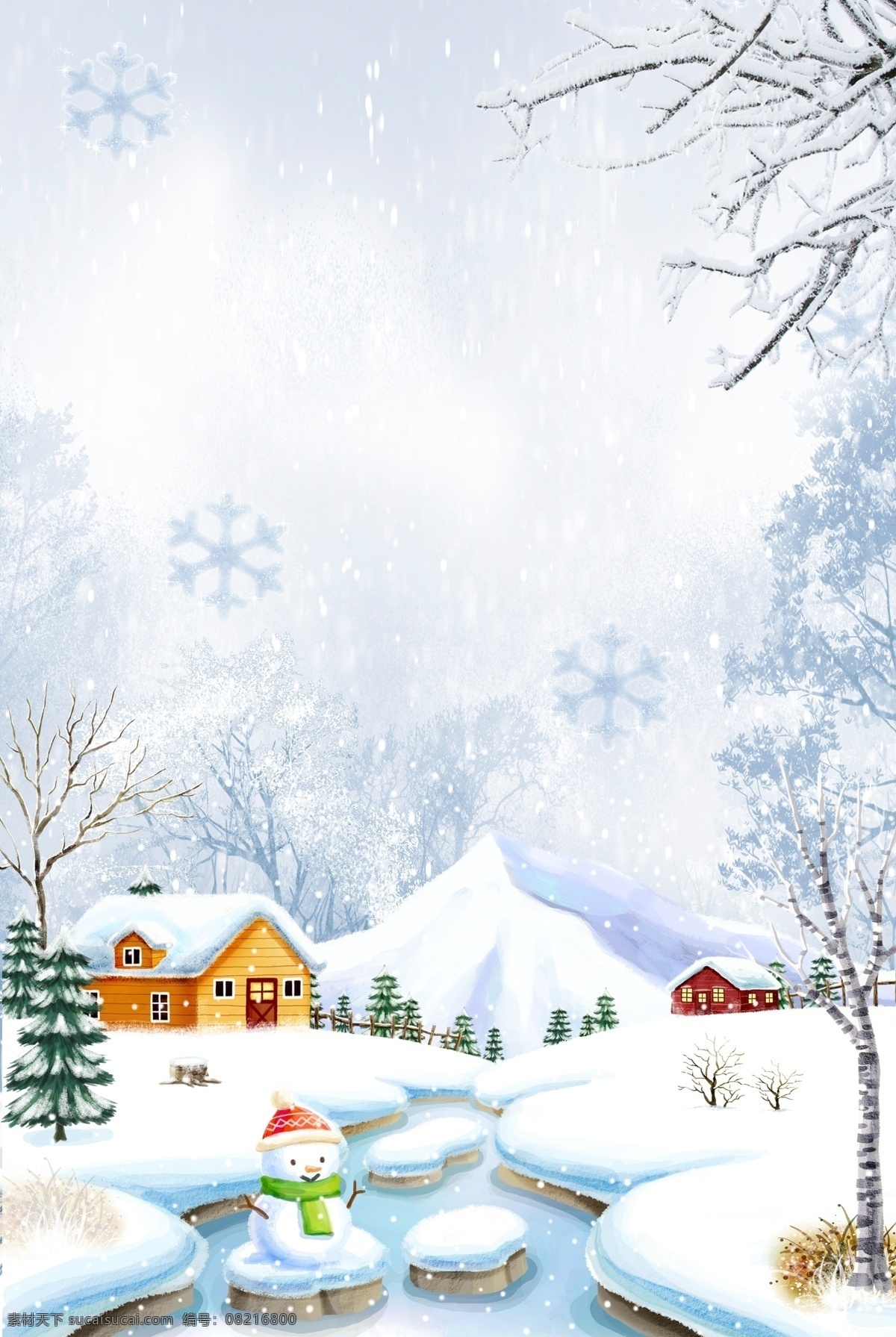 唯美 冬季 大雪 海报 背景 下雪 雪人 卡通 剪纸 创意 立冬 手绘 卡通节气 24节气 二十四节气 小雪 节气