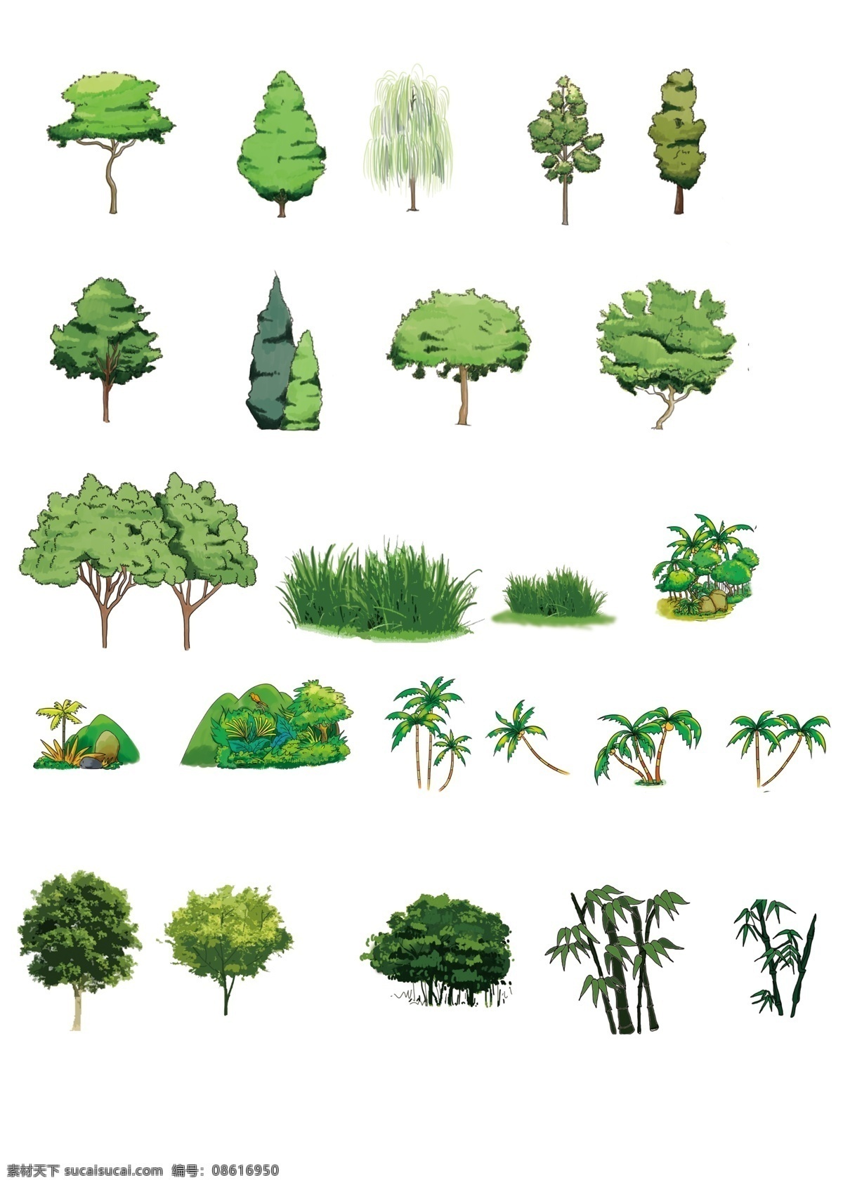 卡通植物 柳树 松树 草丛 杨树 各种树 素材小内容 生物世界 树木树叶
