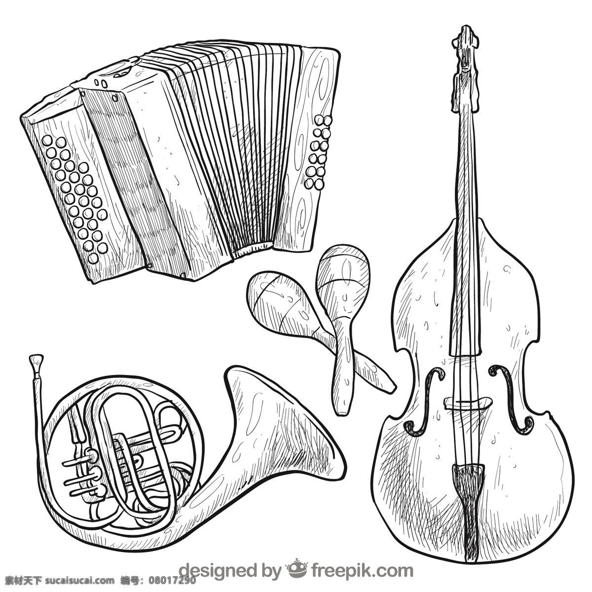 手绘乐器收藏 音乐方面 手绘 素描 乐器 音乐 画 低音 粗略 采集 双 口琴 沙球 低音提琴 白色