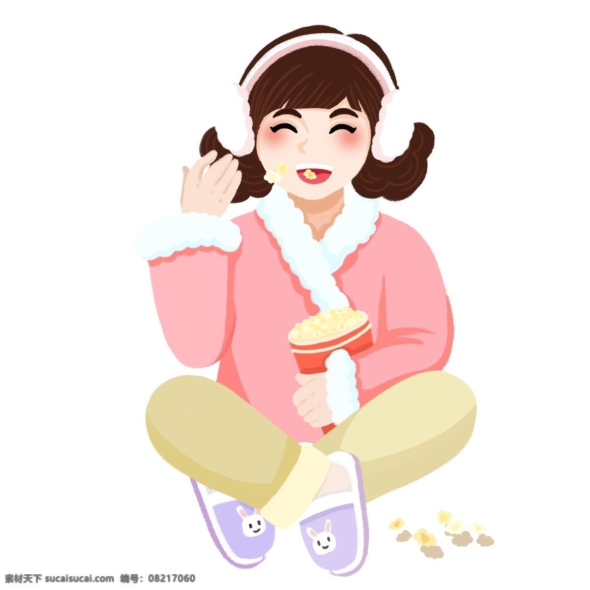 手绘 冬季 在家 吃 爆米花 快乐 肥 宅 清新 可爱 女孩 吃零食 快乐肥宅